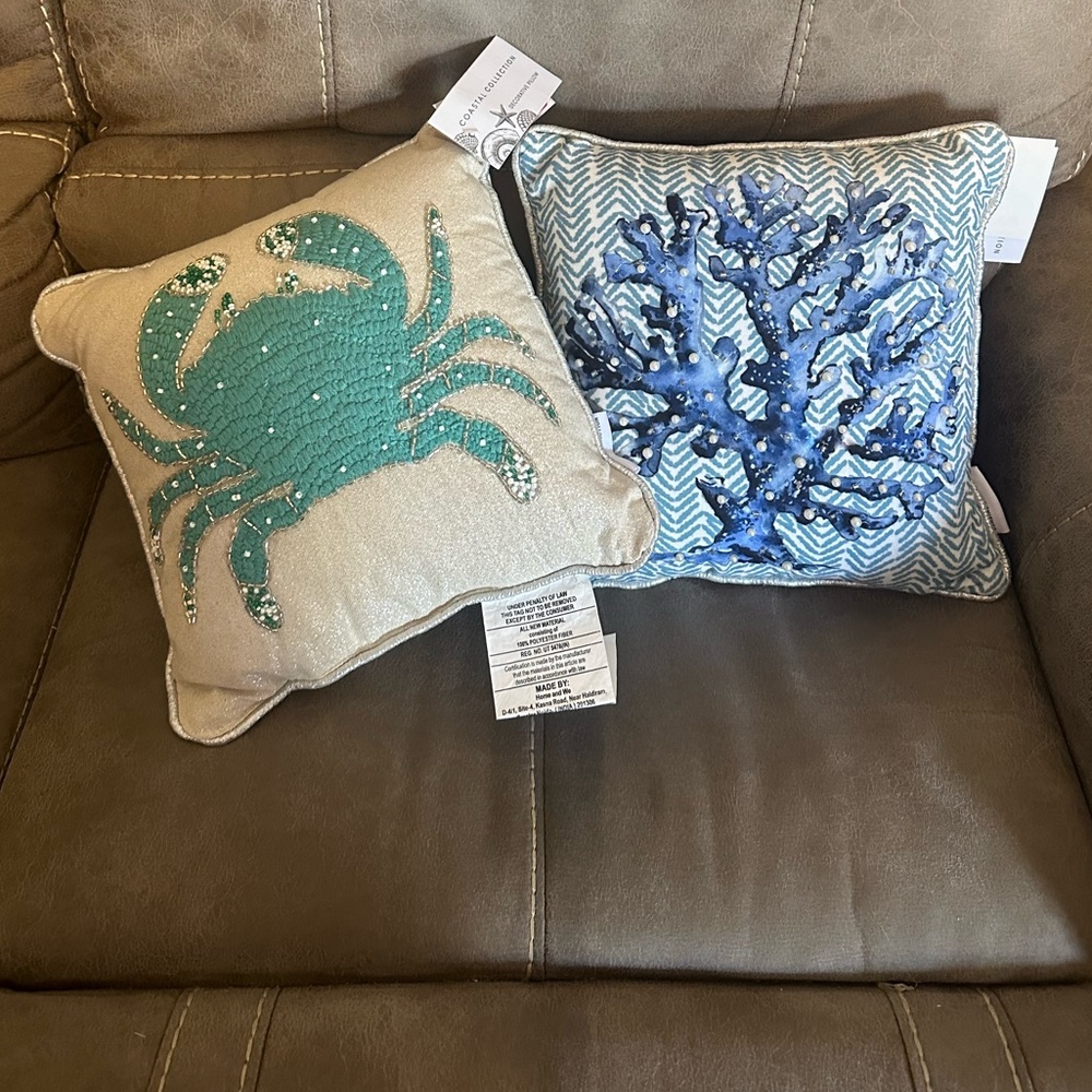 NWT Set of Two Coastal Throw Pillows. 10x10 Crab and Coral Designs Beach Waves